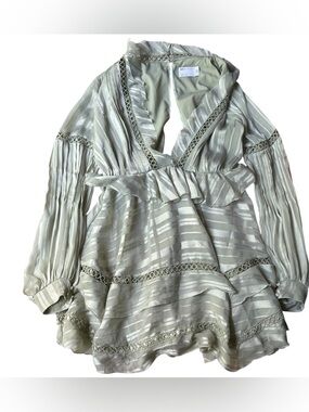 Light Sage Striped Ruffle V-Neck long sleeve dress